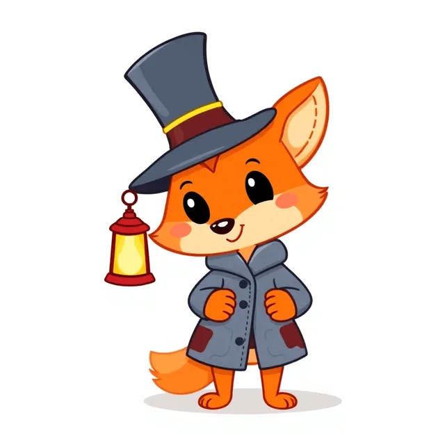 Dodger the Fox, a cartoon fox in a gray top hat and patched gray coat, holding a red lantern