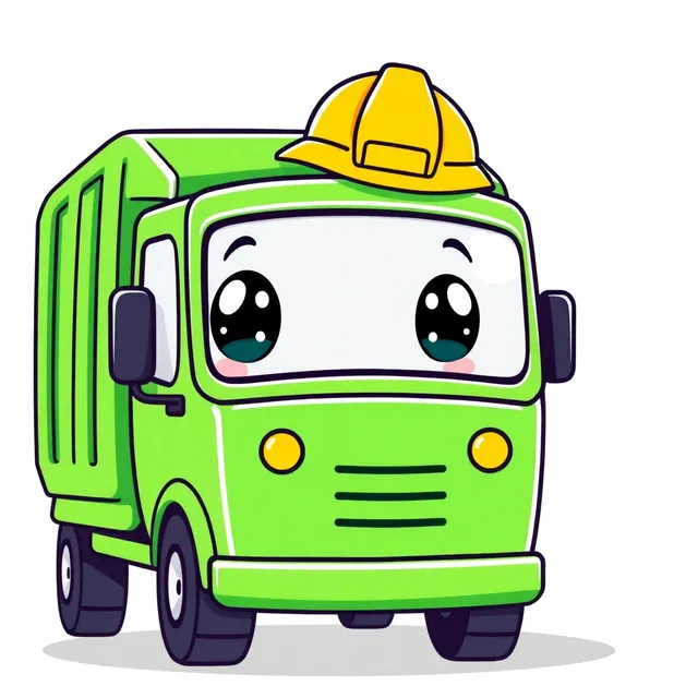 Grimy, a bright green cartoon garbage truck with big friendly eyes, wearing a yellow hard hat