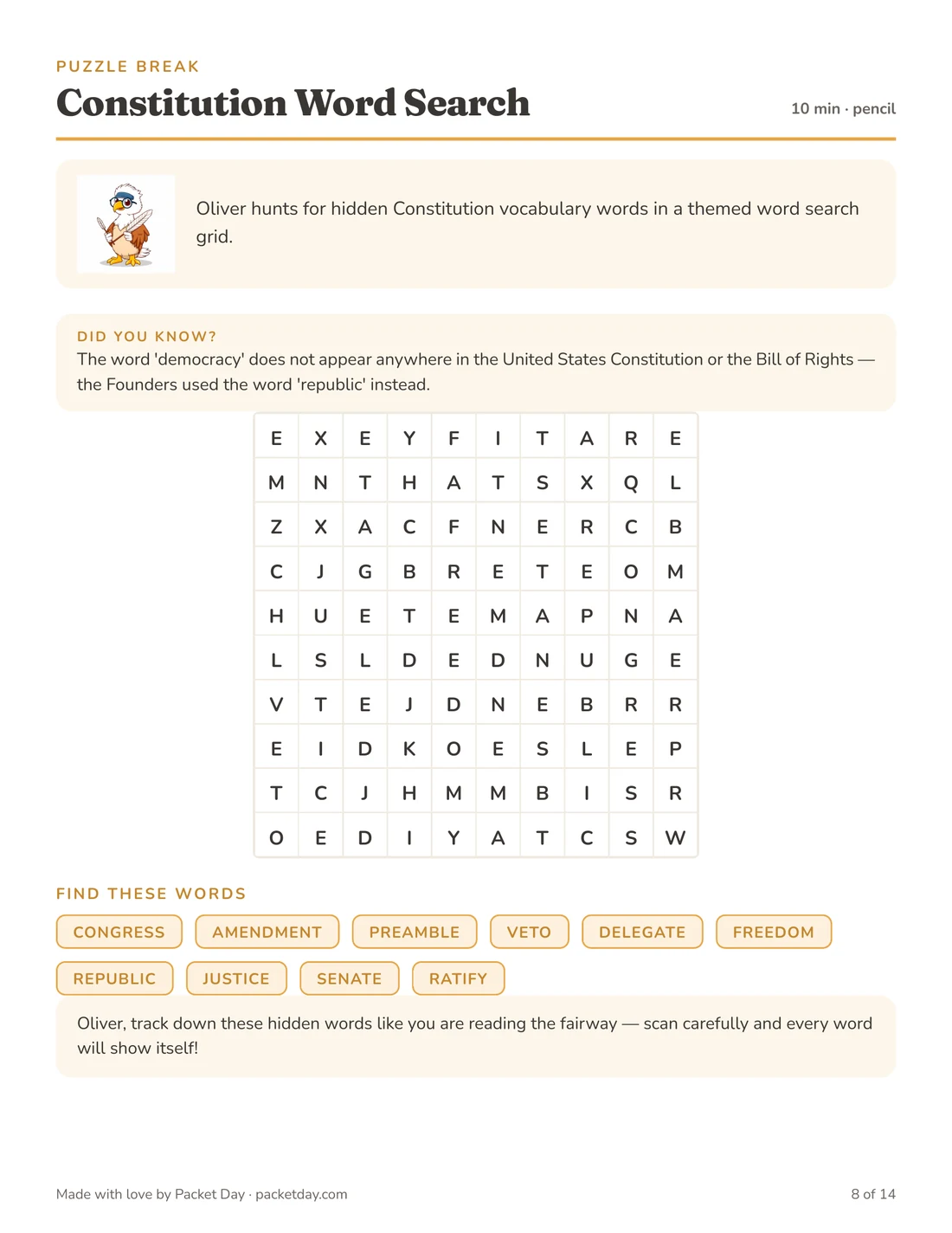 Constitution word search with ten hidden words
