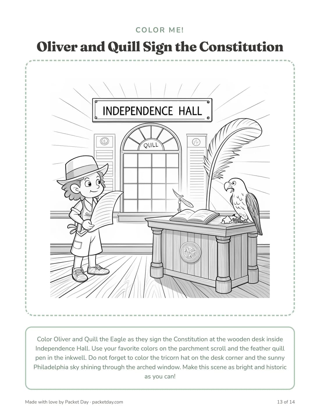 Coloring page of Oliver and Quill signing the Constitution