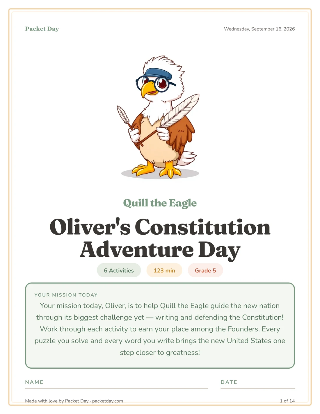 The real cover of Oliver's Constitution Adventure Day packet, with Quill the Eagle and his mission for the day