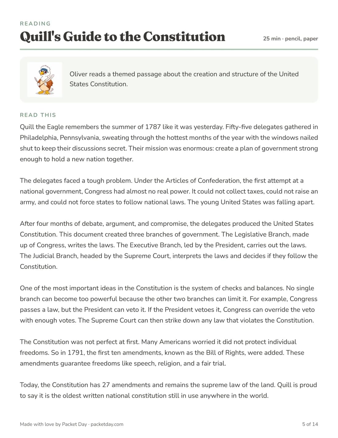 Reading passage from the packet: Quill's Guide to the Constitution